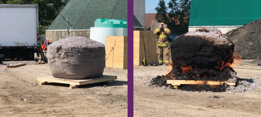 Before and after of large lint ball on fire.