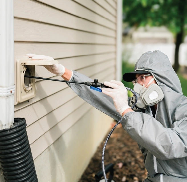 A dryer vent cleaning pro in full gear and mask performs residential dryer vent cleaning from exterior of home.