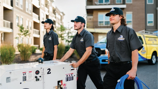 Three male Dryer Vent Wizard professionals pushing supplies towards an apartment complex.