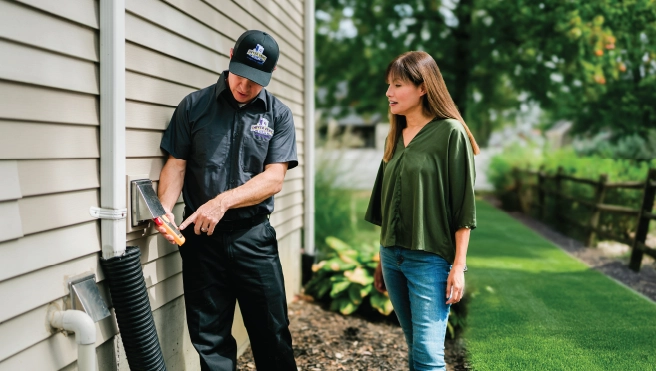 Dryer Vent Wizard pro taking a reading from an exterior dryer vent with homeowner.