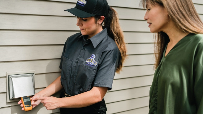 Homeowner watches female dryer vent cleaning pro take reading on exterior dryer vent.