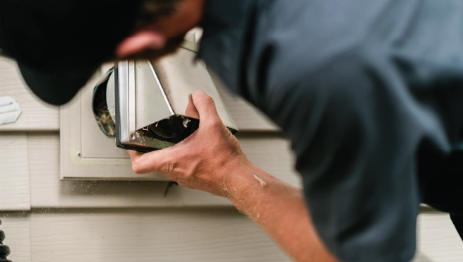 A dryer cleaning pro removes exterior dryer vent cap to clean the duct line.