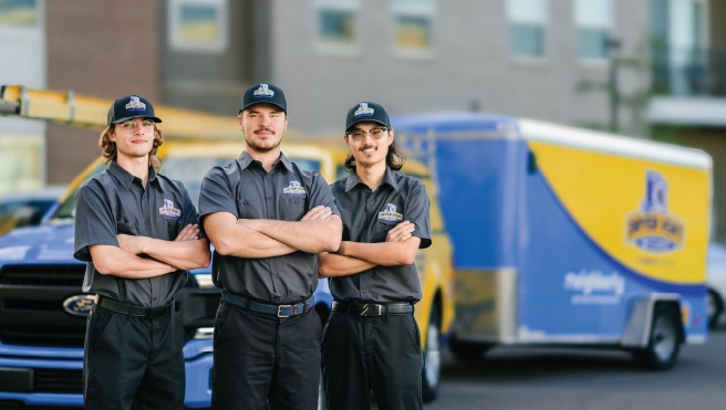 Three male Dryer Vent Wizard professionals standing with arms crossed in front of company truck.