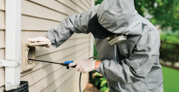 A professional dryer vent cleaner in full gear cleans a residential dryer vent line from exterior of home.