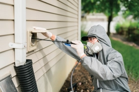 Dryer Vent Wizard professional outside of home in protective gear and mask cleaning dryer vent duct.