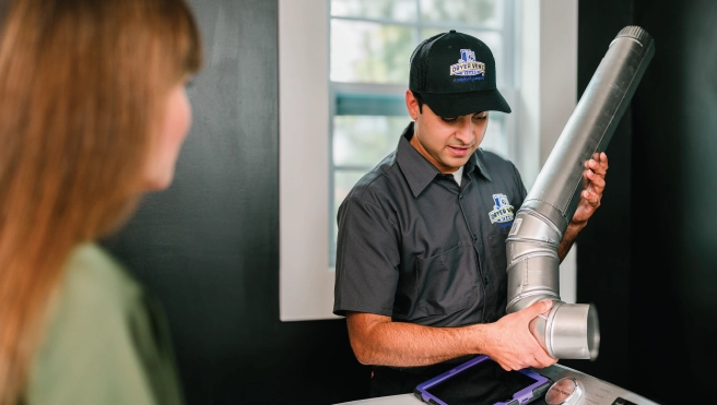 Male Dryer Vent Wizard professional holds dryer vent duct while speaking with female homeowner.