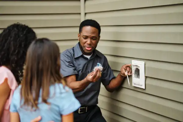 A Dryer Vent Wizard technician showing customer dryer lint clogging their vent.