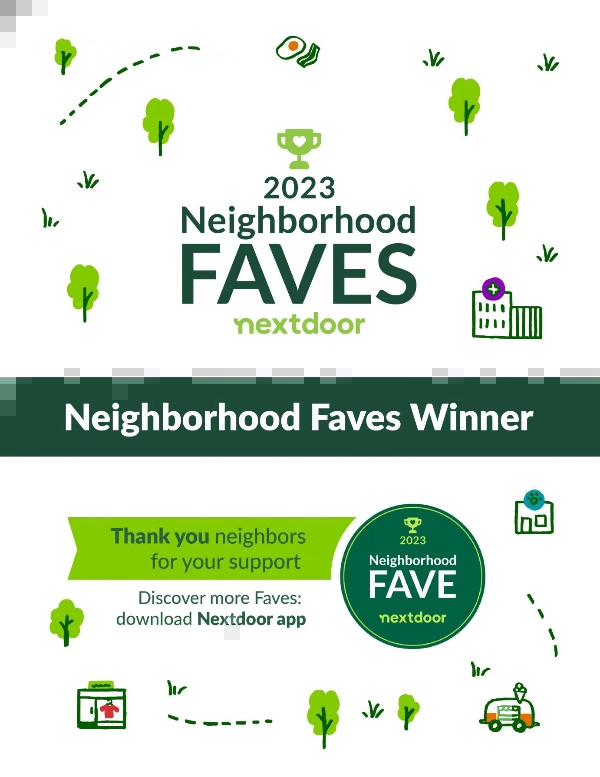 An award banner from nextdoor titled "2023 Neghborhood Favs".