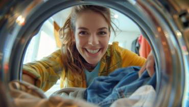 Smiling woman looking into dryer.