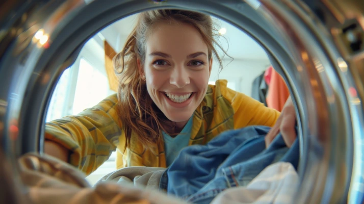 Smiling woman looking into dryer.