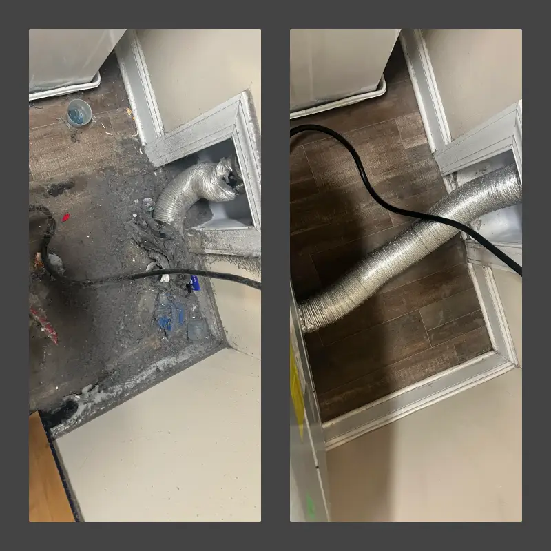 A before and after image of a dryer vent and the areas behind the dryer before and after cleaning