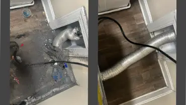 A before and after image of a dryer vent and the areas behind the dryer before and after cleaning