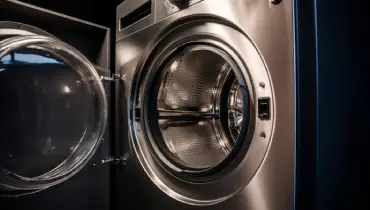 A brand new stainless steel dryer with the door opened.