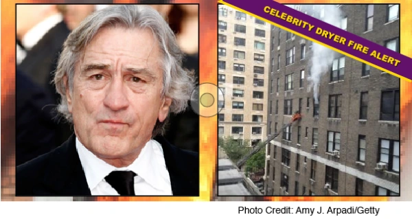 Celebrity Robert de Niro on left and smoke coming from his apartment on right.